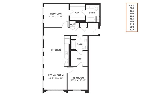 Floor plan for 2 beds, 2 baths, 1155 sqft